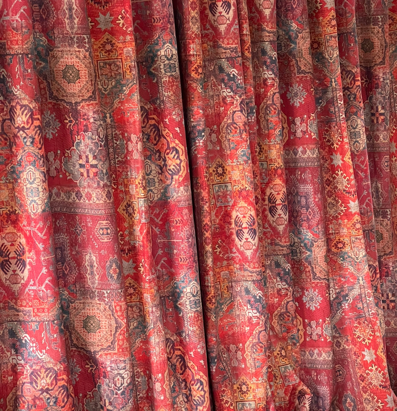 Rusty Red Pair of Curtains, Oriental Cotton Rug, Kilim Pattern, Custom Made to Measure Home Decor