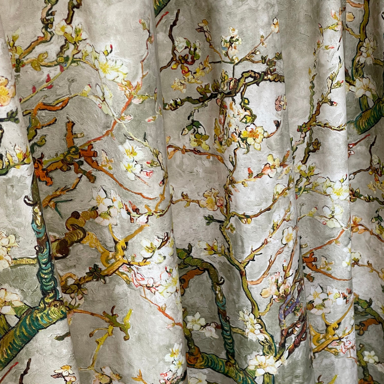 Almond Blossoms Cotton Fabric – Van Gogh Painting in Grey, Green & Yellow Tone - Cherry Blooms Design