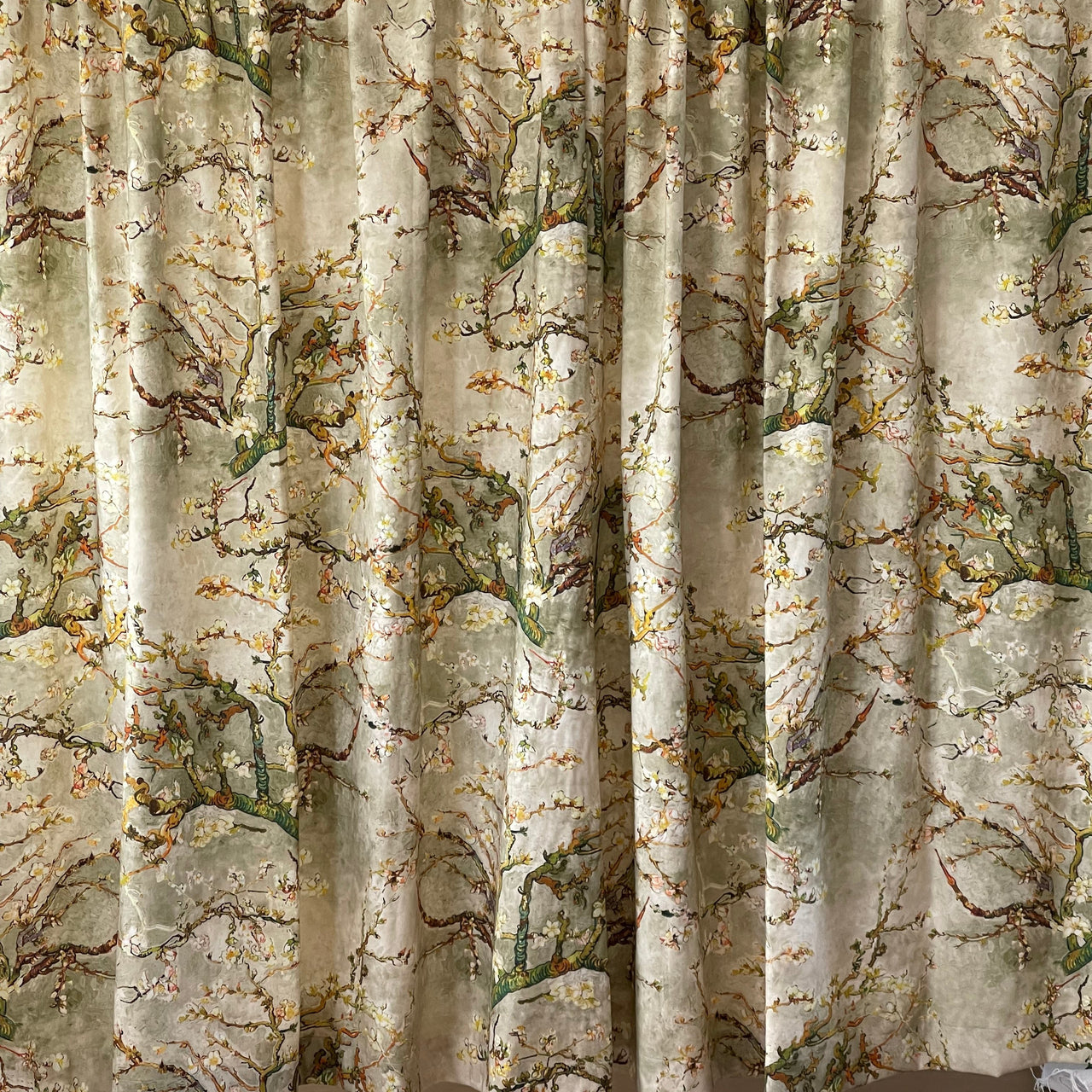 Almond Blossoms Cotton Fabric – Van Gogh Painting in Grey, Green & Yellow Tone - Cherry Blooms Design