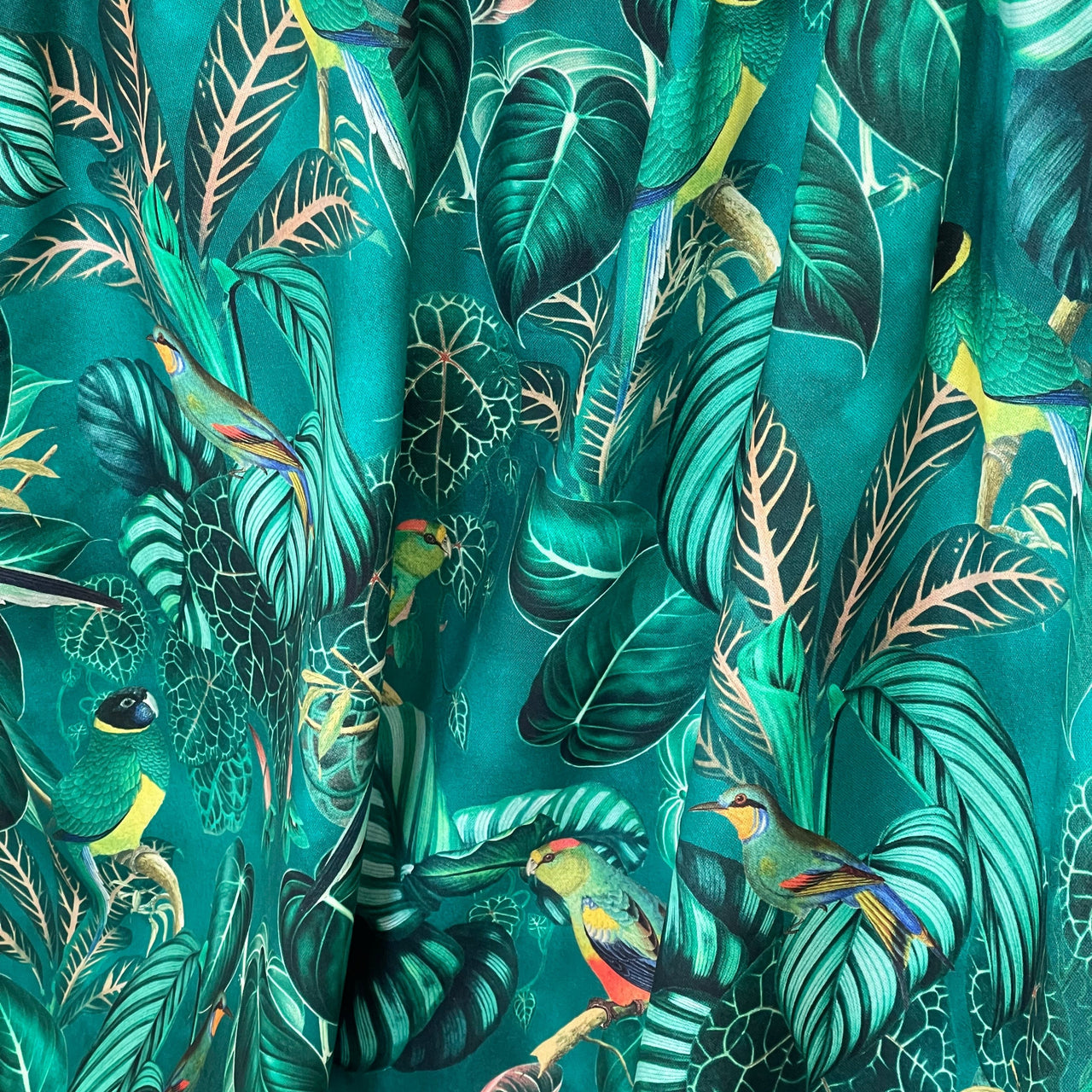 Green Pair Curtains / Calathea Plants and Parrots Birds - Botanical Cotton Fabric / Custom - Made to Measure - Bespoke Home Decor