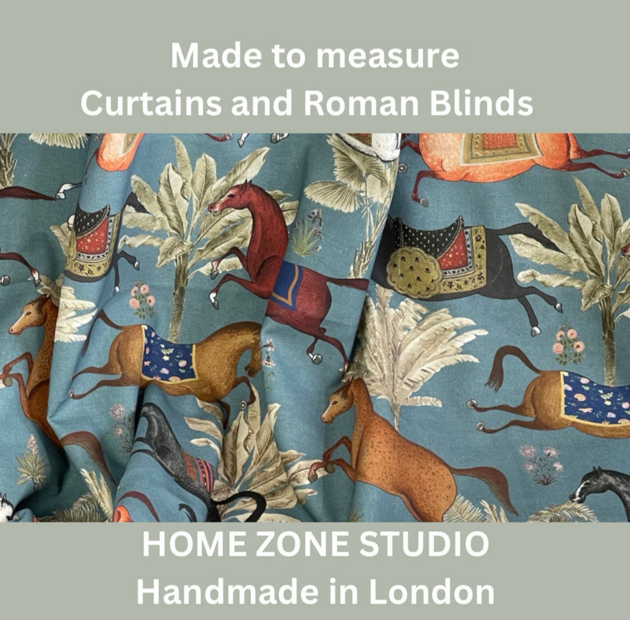 Blue Pair of Curtains with Arabian Horses Pattern – Custom Made to Measure Drapes - Home Décor