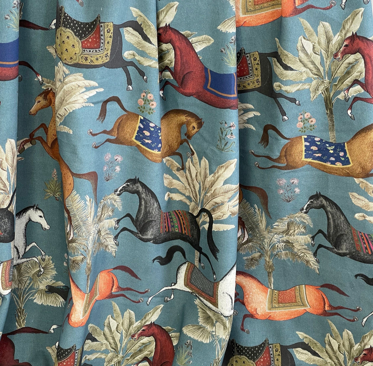 Blue Pair of Curtains with Arabian Horses Pattern – Custom Made to Measure Drapes - Home Décor