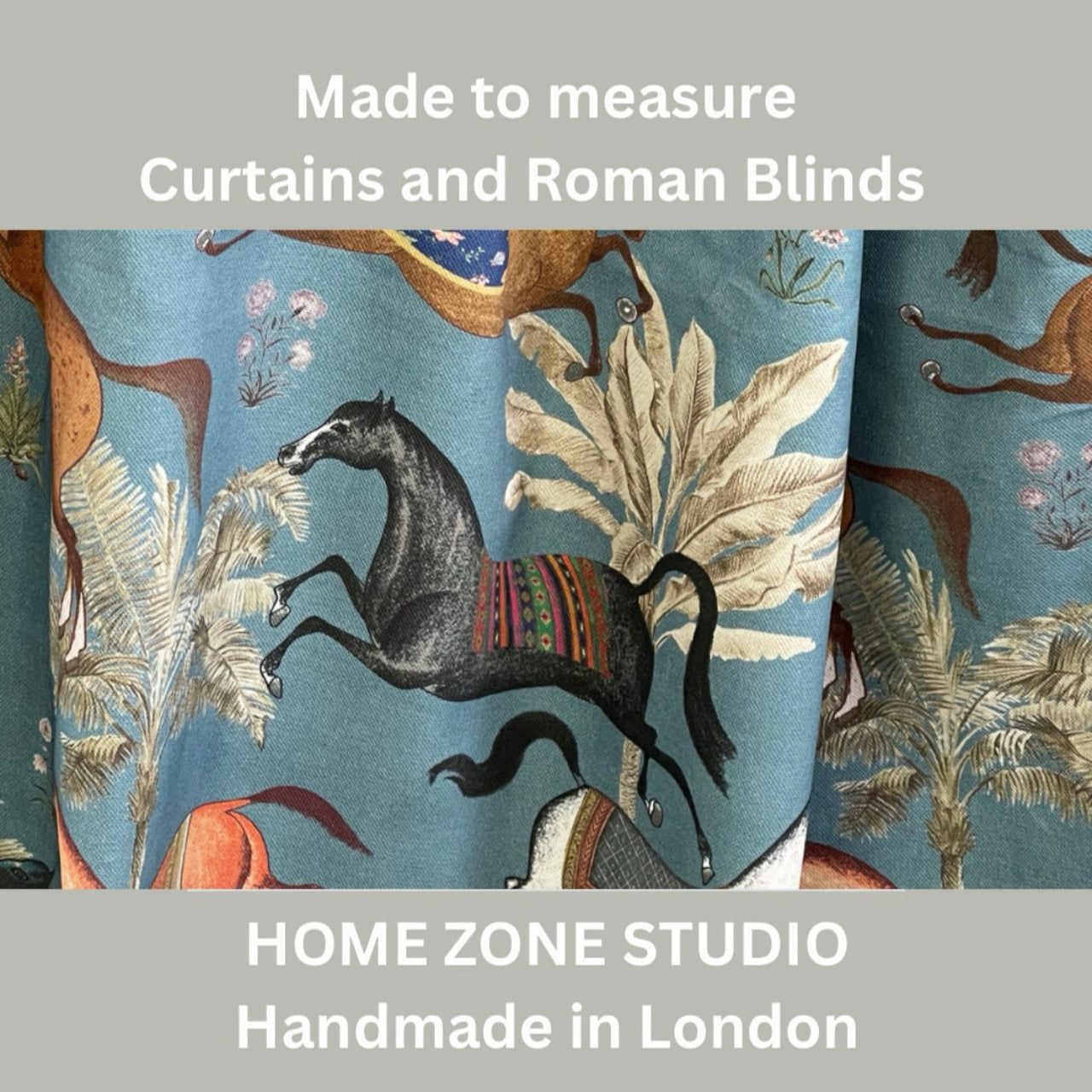 Blue Pair of Curtains with Arabian Horses Pattern – Custom Made to Measure Drapes - Home Décor