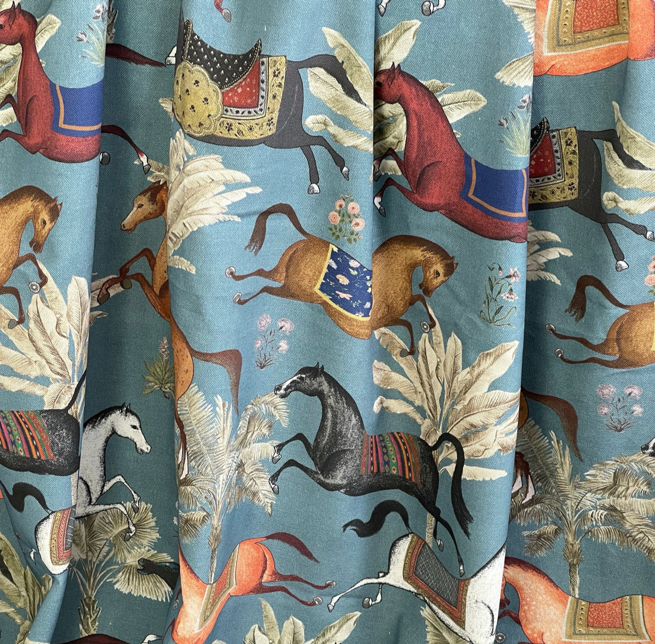 Blue Pair of Curtains with Arabian Horses Pattern – Custom Made to Measure Drapes - Home Décor