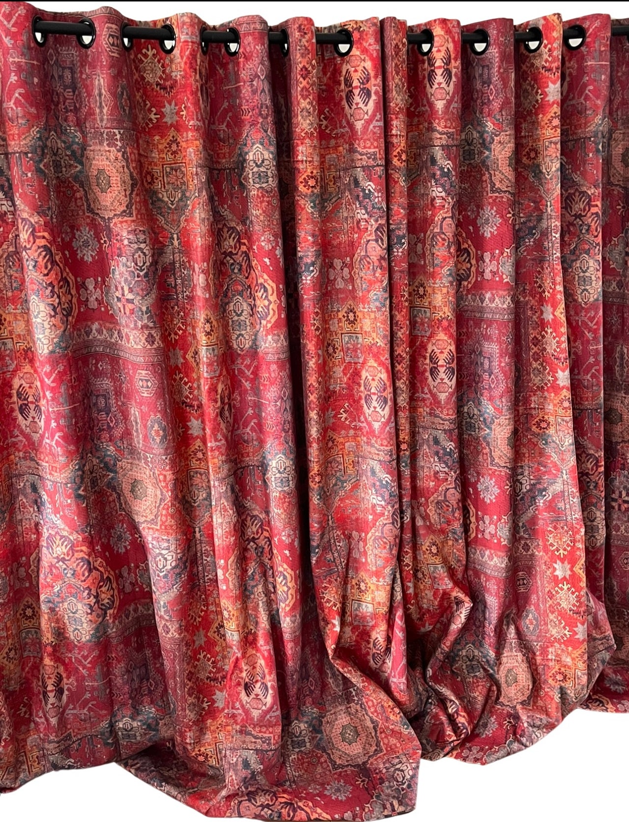 Rusty Red Pair of Curtains, Oriental Cotton Rug, Kilim Pattern, Custom Made to Measure Home Decor