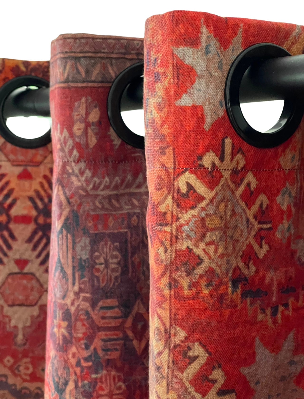 Rusty Red Pair of Curtains, Oriental Cotton Rug, Kilim Pattern, Custom Made to Measure Home Decor