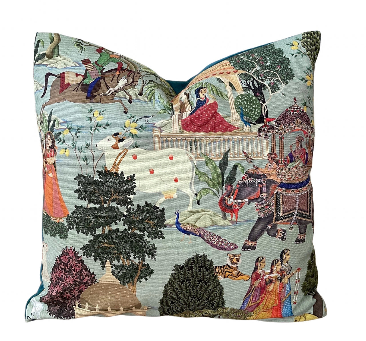 Regalia Cushion Cover: Stunning Indian Print with Horses, Elephants, Peacocks, and Trees