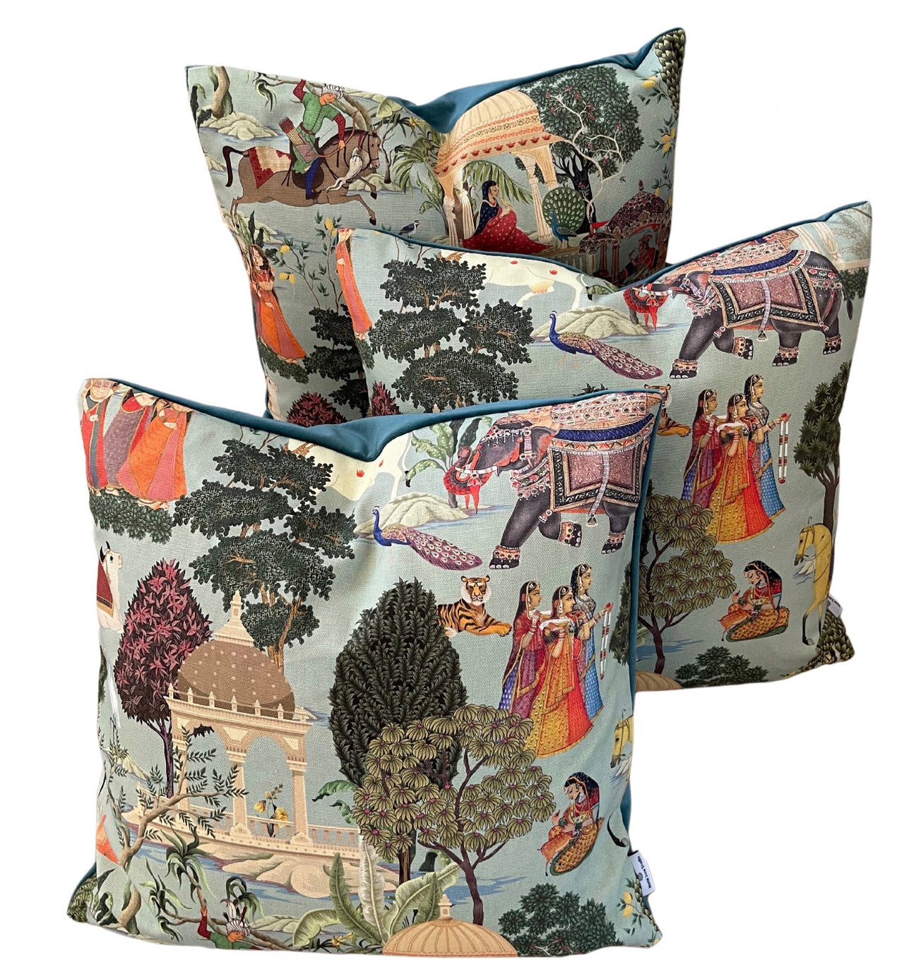 Regalia Cushion Cover: Stunning Indian Print with Horses, Elephants, Peacocks, and Trees