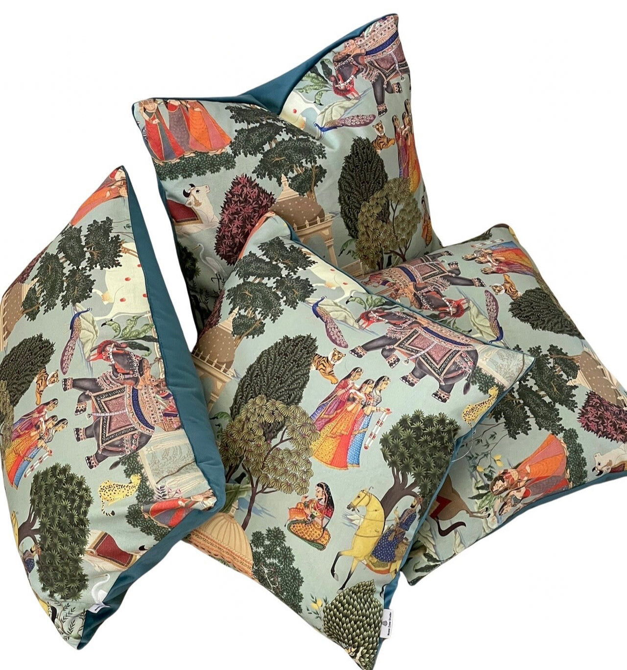 Regalia Cushion Cover: Stunning Indian Print with Horses, Elephants, Peacocks, and Trees