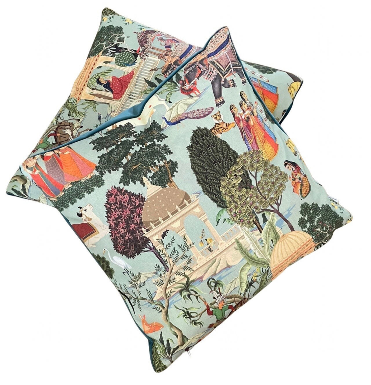 Regalia Cushion Cover: Stunning Indian Print with Horses, Elephants, Peacocks, and Trees