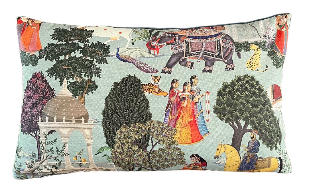 Regalia Cushion Cover: Stunning Indian Print with Horses, Elephants, Peacocks, and Trees