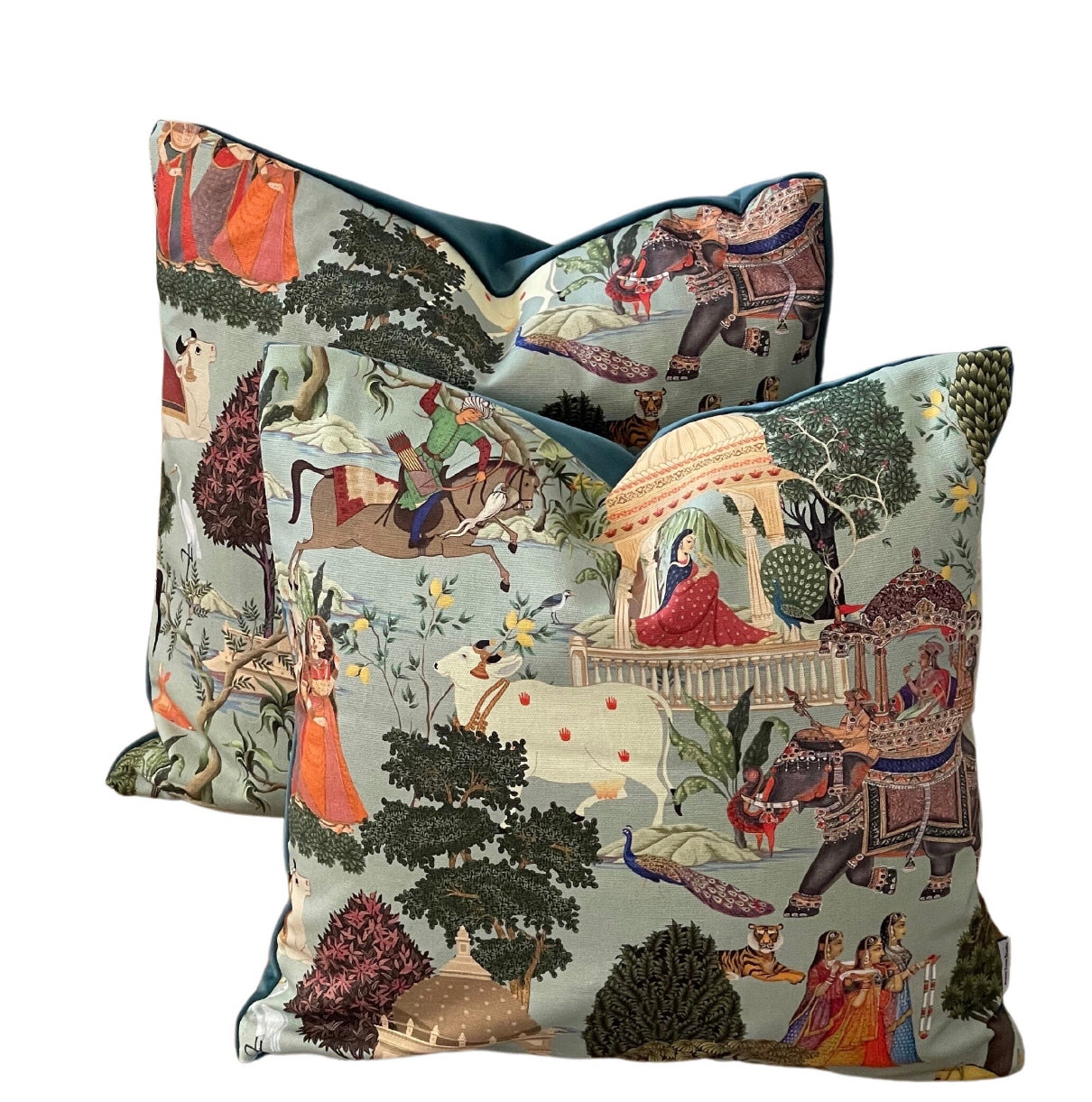 Regalia Cushion Cover: Stunning Indian Print with Horses, Elephants, Peacocks, and Trees