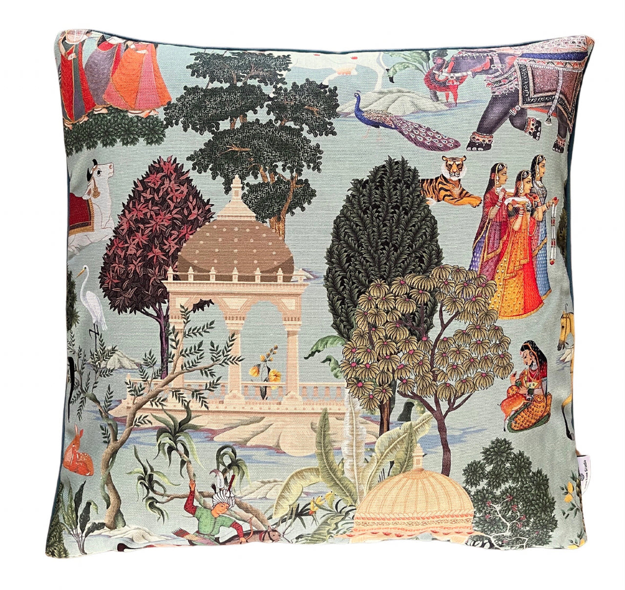 Regalia Cushion Cover: Stunning Indian Print with Horses, Elephants, Peacocks, and Trees