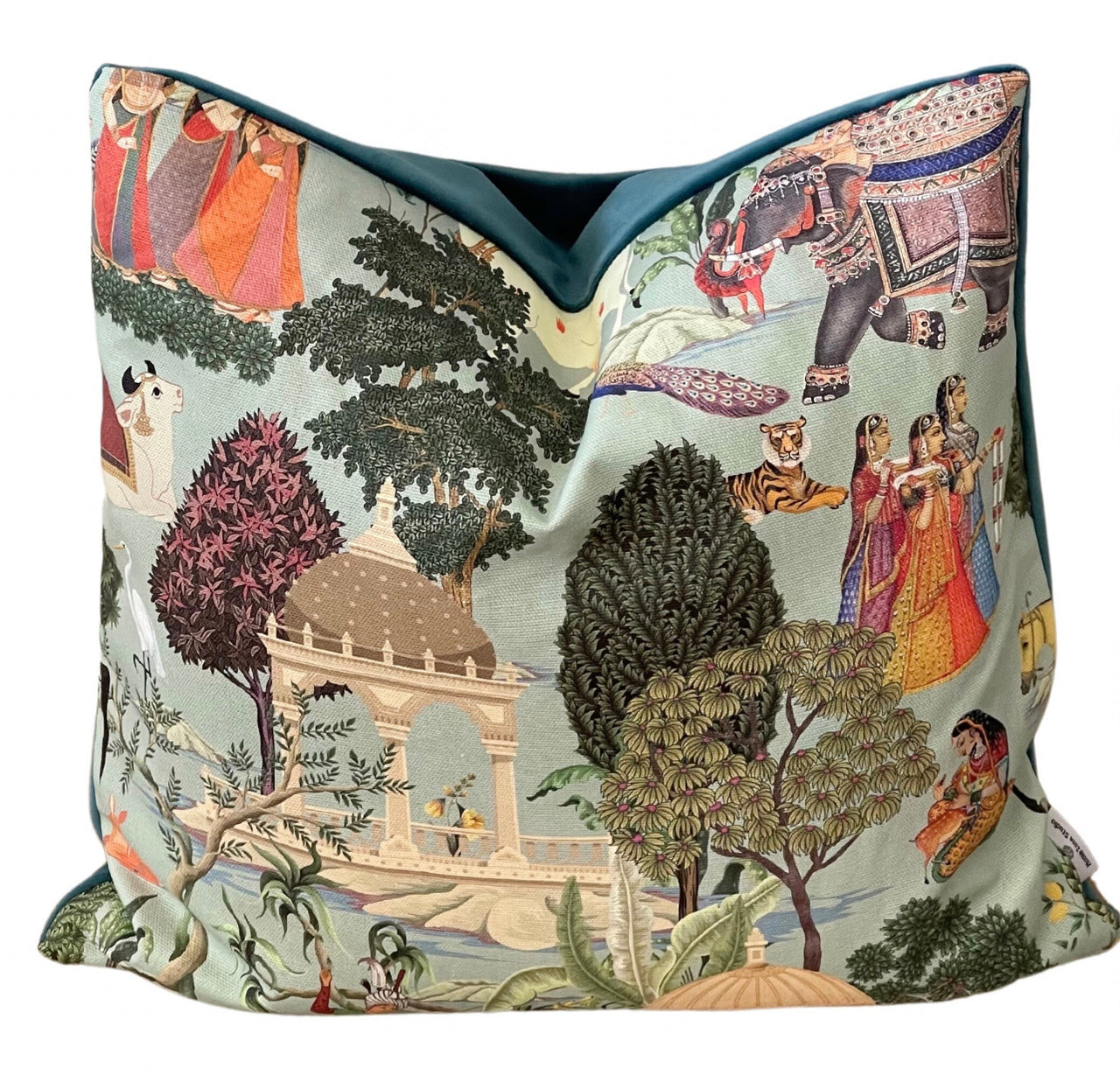 Regalia Cushion Cover: Stunning Indian Print with Horses, Elephants, Peacocks, and Trees