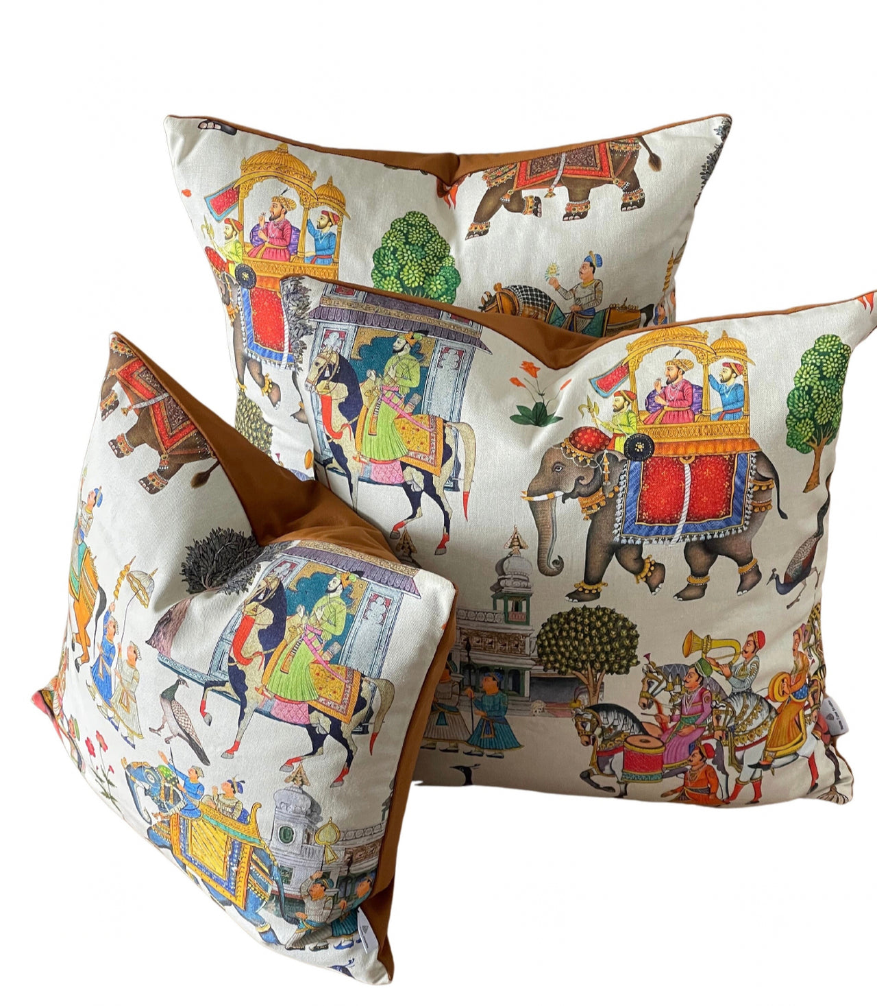 White Cushion Cover Indian-Inspired Print with Majestic Horses, Elephants, and Peacocks