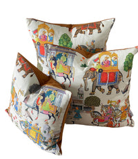 Thumbnail for White Cushion Cover - Indian Print Featuring Majestic Horses, Elephants & Peacocks, Boho Home Decor