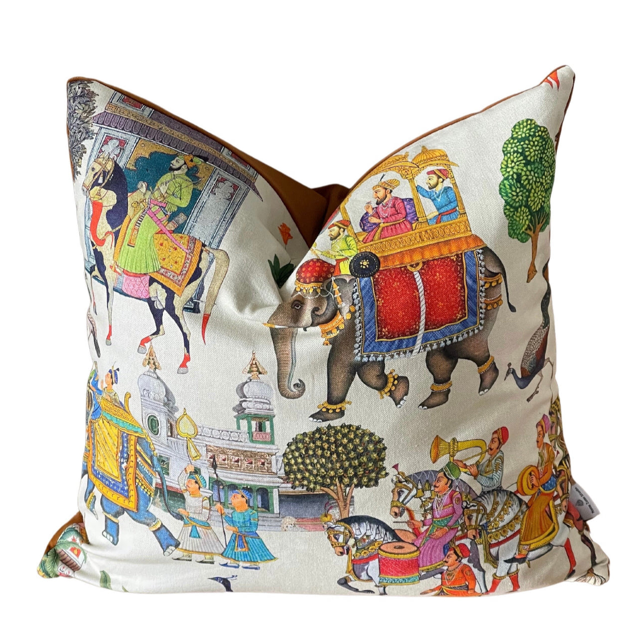 White Cushion Cover - Indian Print Featuring Majestic Horses, Elephants & Peacocks, Boho Home Decor