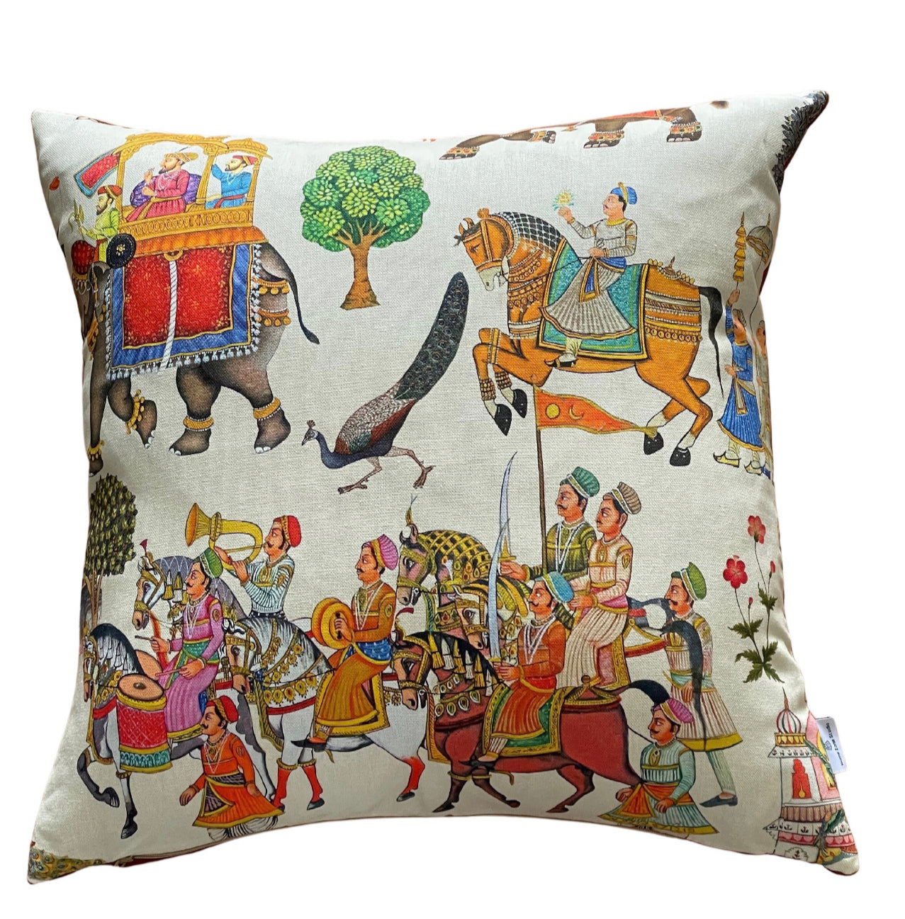 White Cushion Cover - Indian Print Featuring Majestic Horses, Elephants & Peacocks, Boho Home Decor