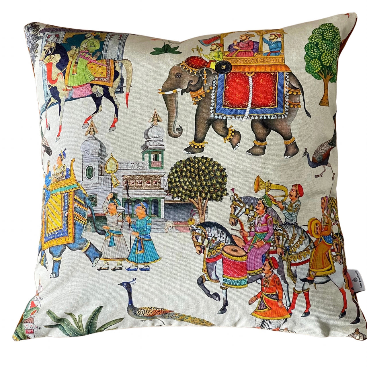 White Cushion Cover Indian-Inspired Print with Majestic Horses, Elephants, and Peacocks