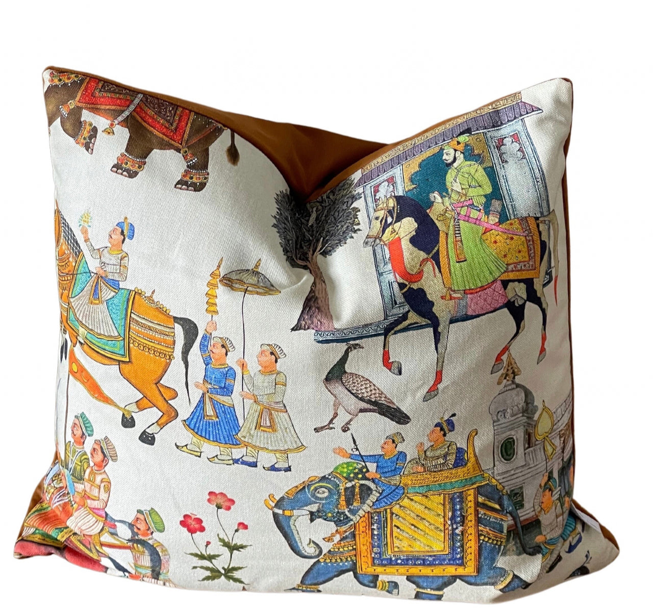 White Cushion Cover - Indian Print Featuring Majestic Horses, Elephants & Peacocks, Boho Home Decor