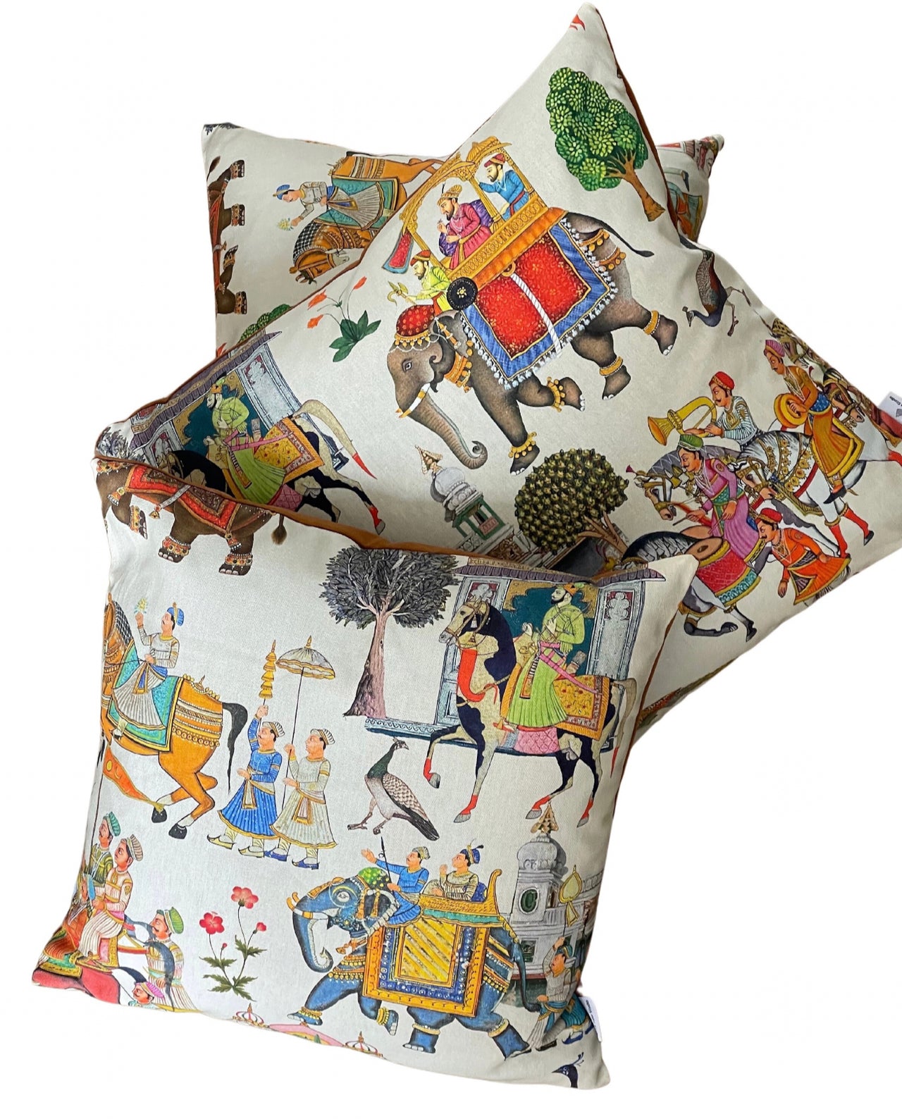 White Cushion Cover Indian-Inspired Print with Majestic Horses, Elephants, and Peacocks