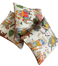 Thumbnail for White Cushion Cover - Indian Print Featuring Majestic Horses, Elephants & Peacocks, Boho Home Decor