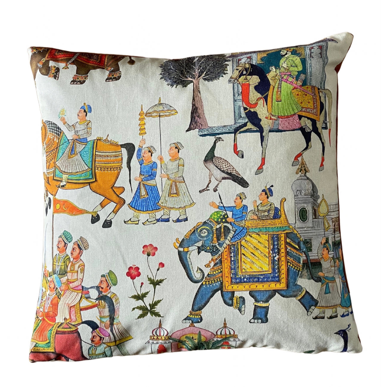 White Cushion Cover Indian-Inspired Print with Majestic Horses, Elephants, and Peacocks