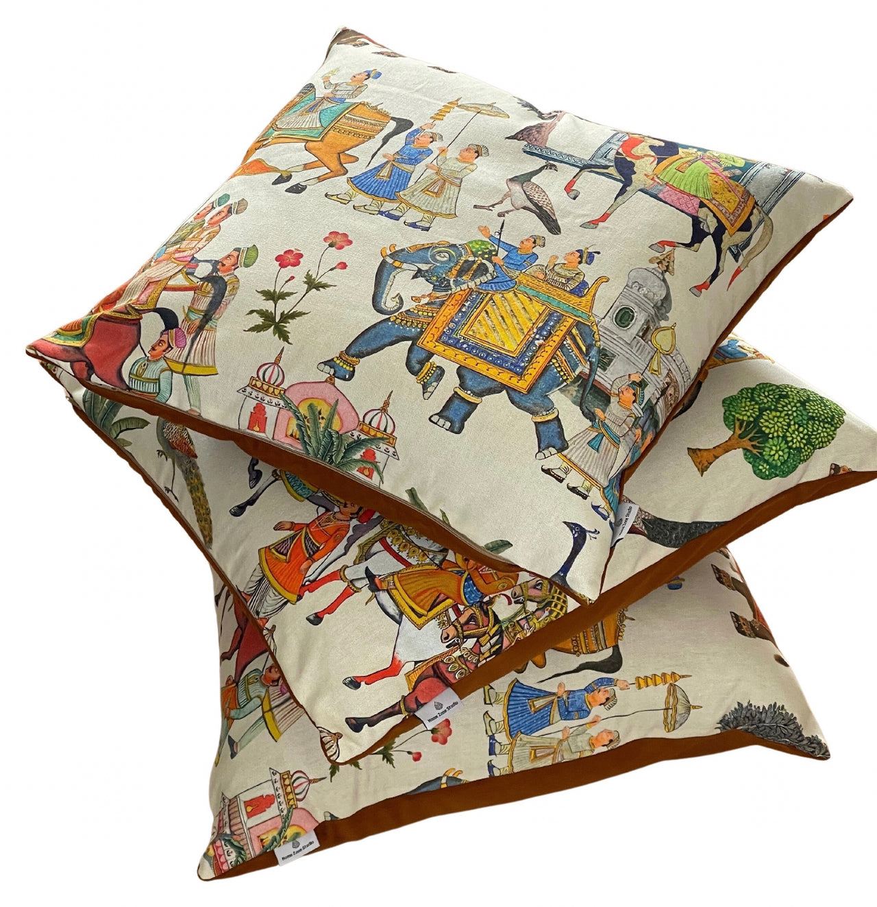 White Cushion Cover Indian-Inspired Print with Majestic Horses, Elephants, and Peacocks