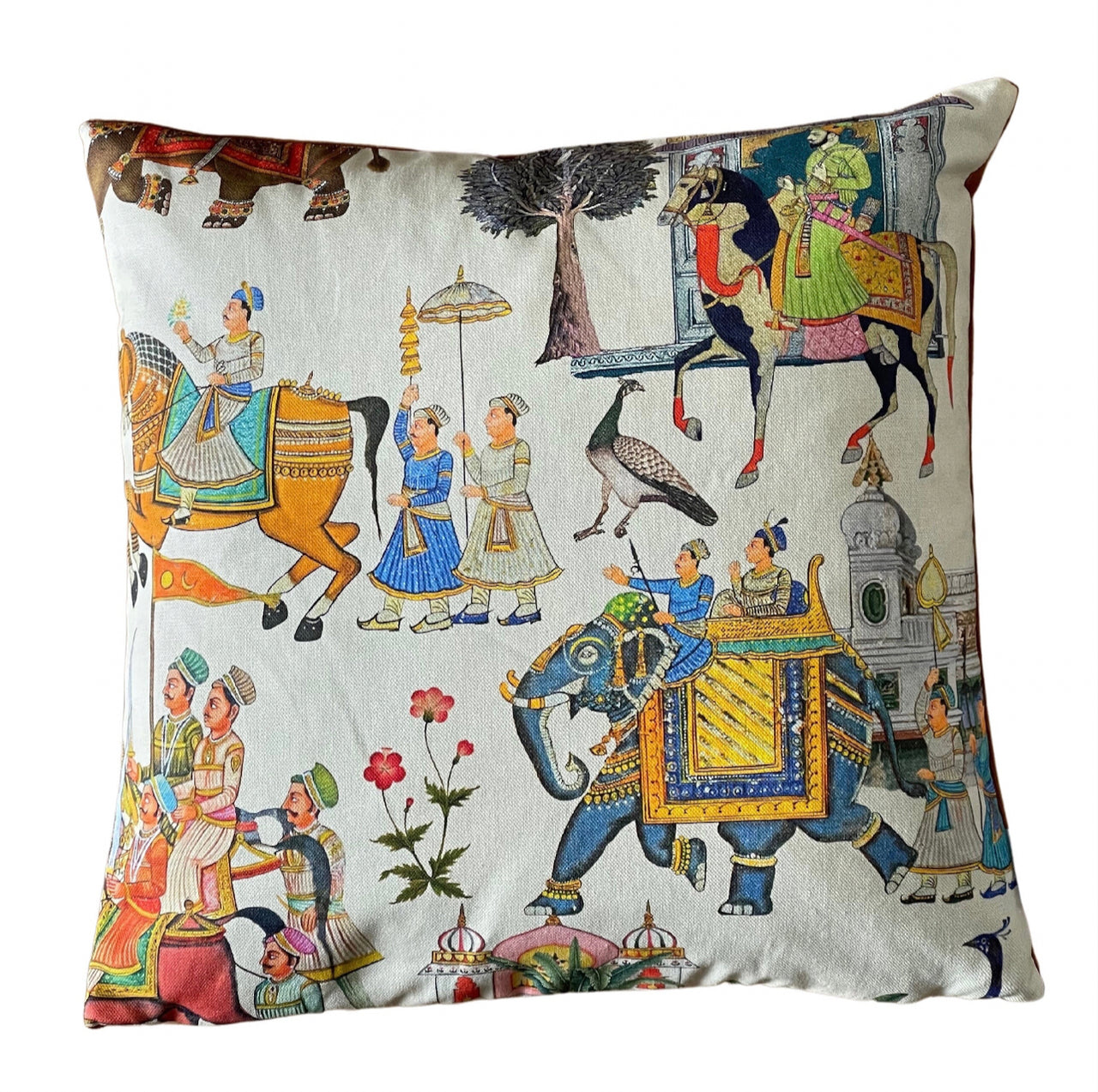 White Cushion Cover - Indian Print Featuring Majestic Horses, Elephants & Peacocks, Boho Home Decor