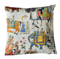 Thumbnail for White Cushion Cover - Indian Print Featuring Majestic Horses, Elephants & Peacocks, Boho Home Decor