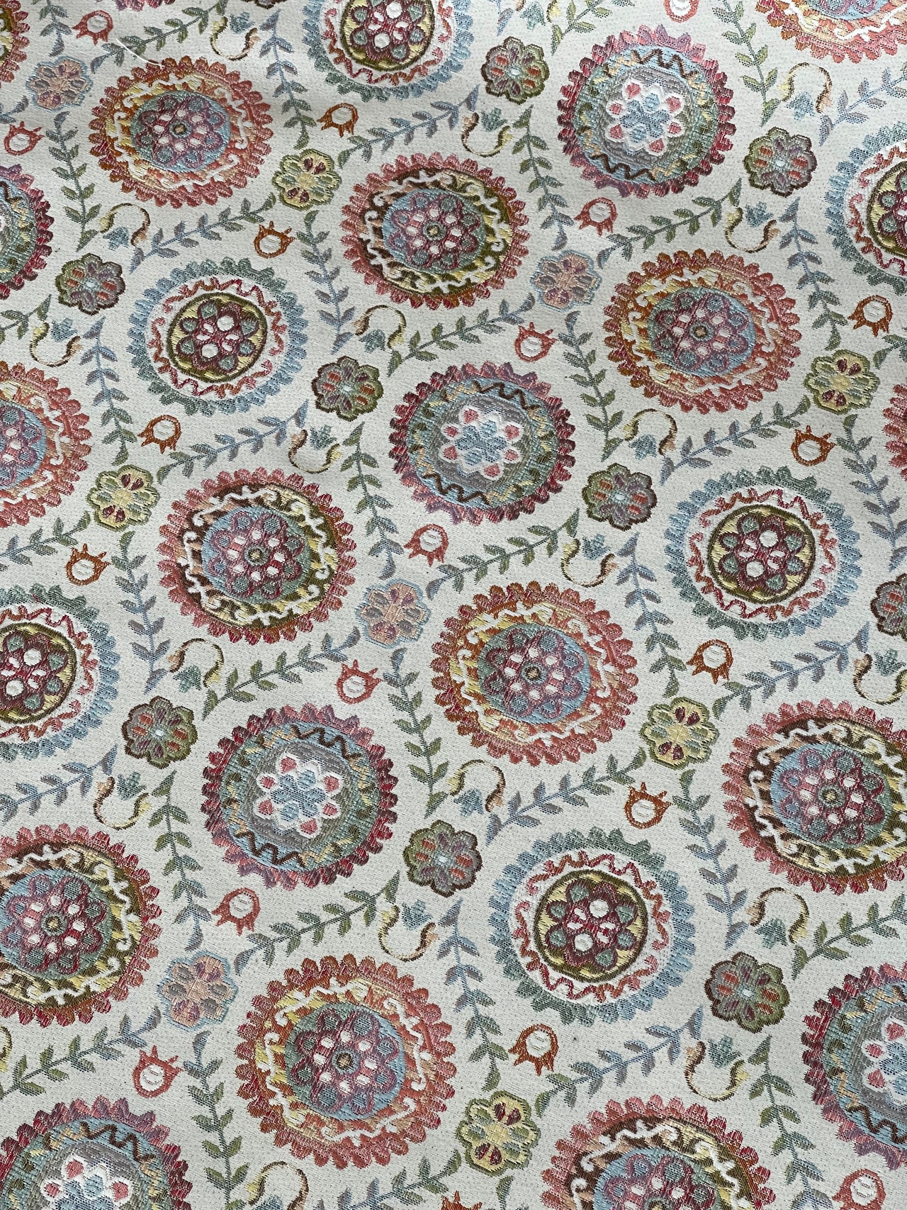 Indian Folk Geometric Fabric - Ecru Mandala Circles & Floral Design for Home Decor, Upholstery