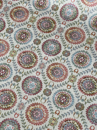 Thumbnail for Indian Folk Geometric Fabric - Ecru Mandala Circles & Floral Design for Home Decor, Upholstery