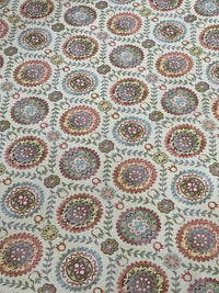 Thumbnail for Indian Folk Geometric Fabric - Ecru Mandala Circles & Floral Design for Home Decor, Upholstery