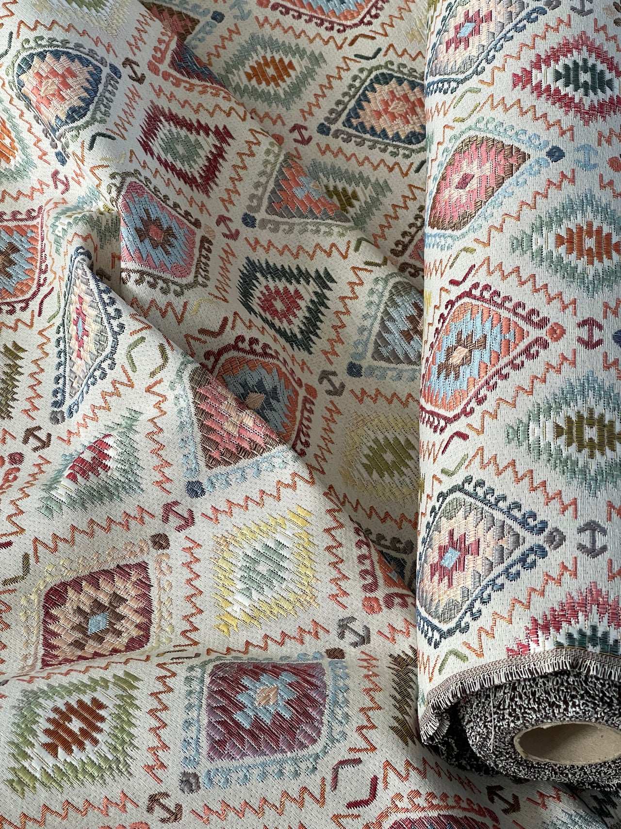 IIndian Kilim Upholstery Fabric - Gobelin Geometric, Oriental Diamond Ikat Rug Pattern for Home Decor