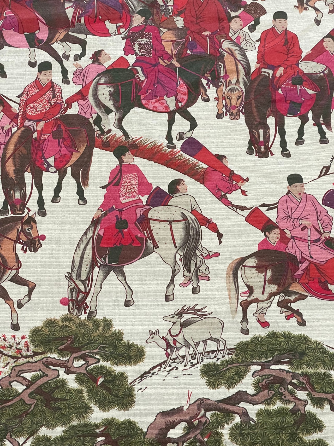 Mongolian Horsemen Cotton Fabric – Oriental Design Featuring Trees, Animals, and Vibrant Red and Pink Outfits for Home Decor and Crafts