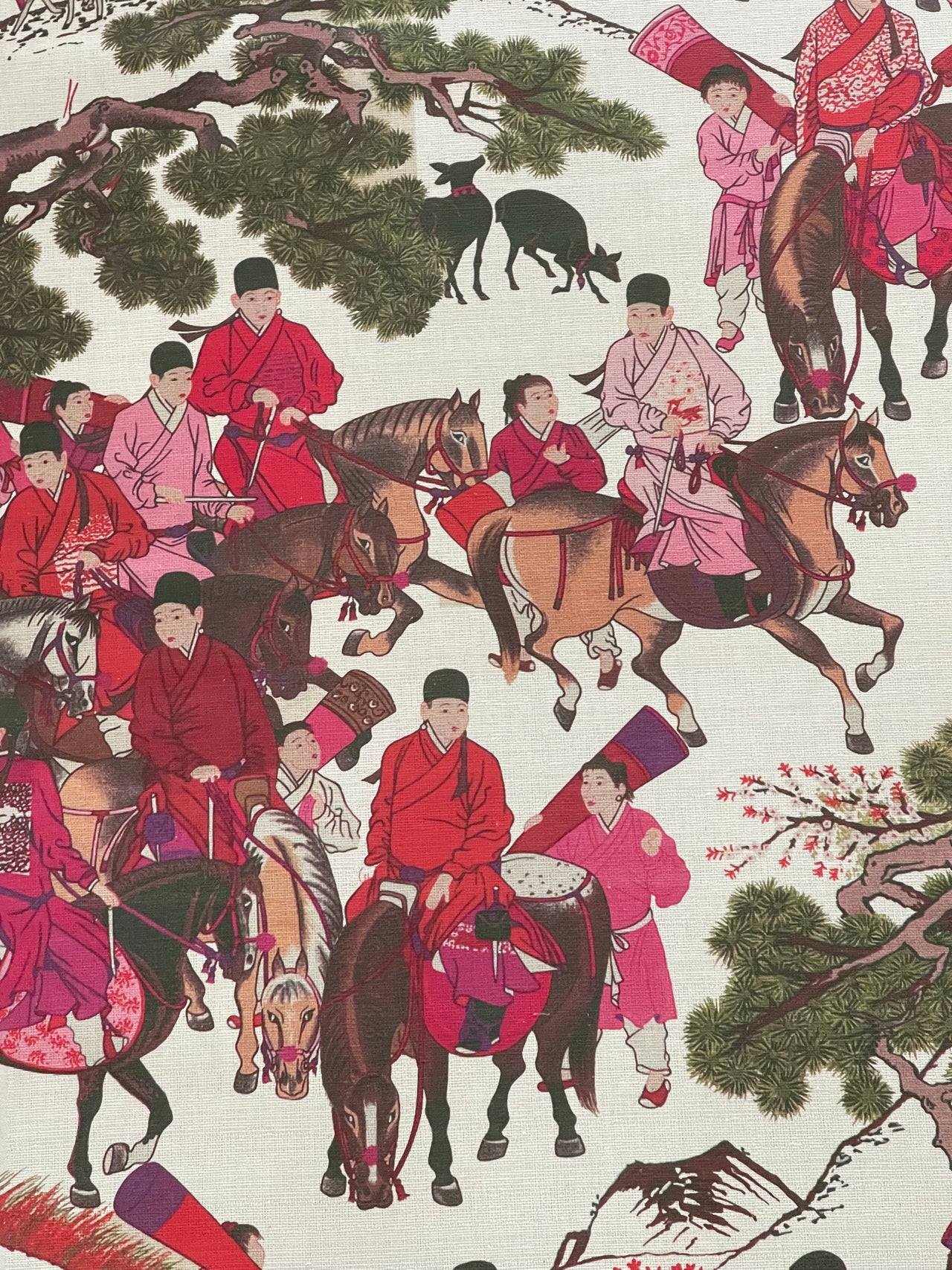 Mongolian Horsemen Cotton Fabric – Oriental Design Featuring Trees, Animals, and Vibrant Red and Pink Outfits for Home Decor and Crafts