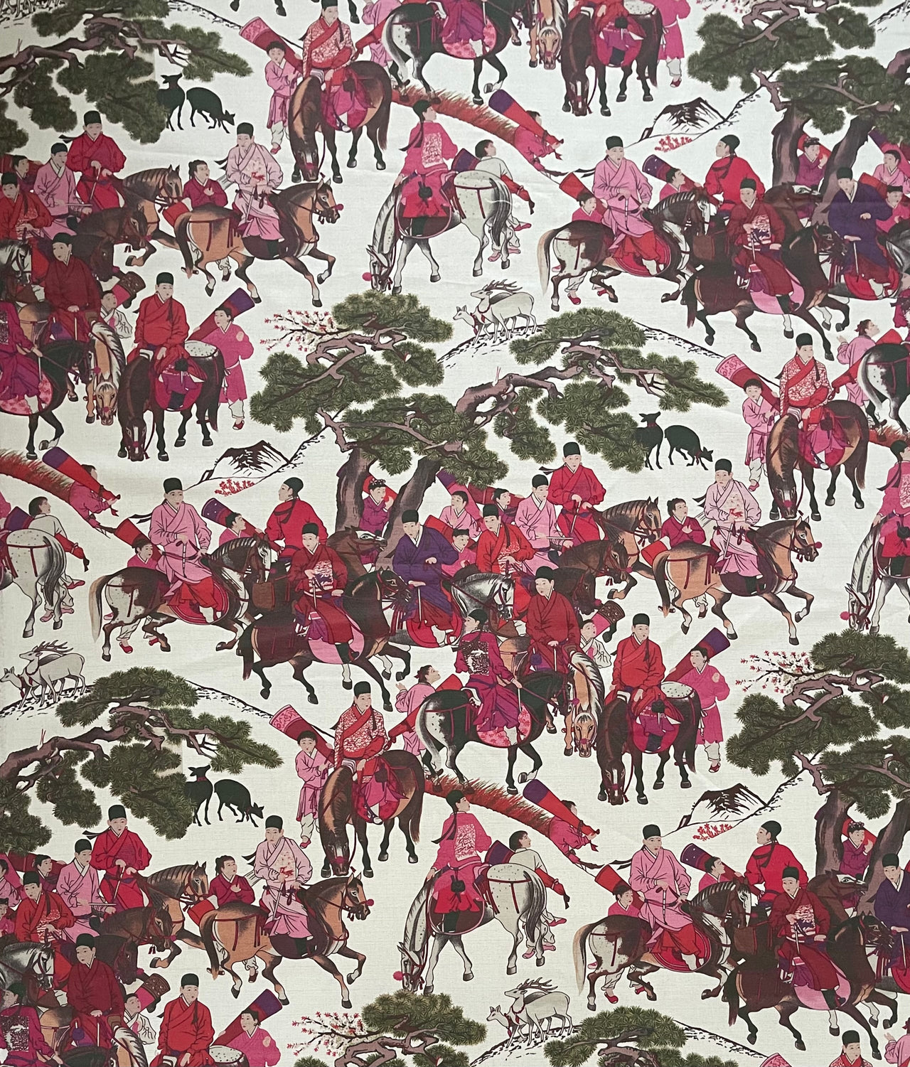 Mongolian Horsemen Cotton Fabric – Oriental Design Featuring Trees, Animals, and Vibrant Red and Pink Outfits for Home Decor and Crafts