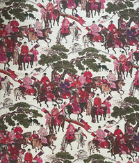 Thumbnail for Mongolian Horsemen Cotton Fabric – Oriental Design Featuring Trees, Animals, and Vibrant Red and Pink Outfits for Home Decor and Crafts