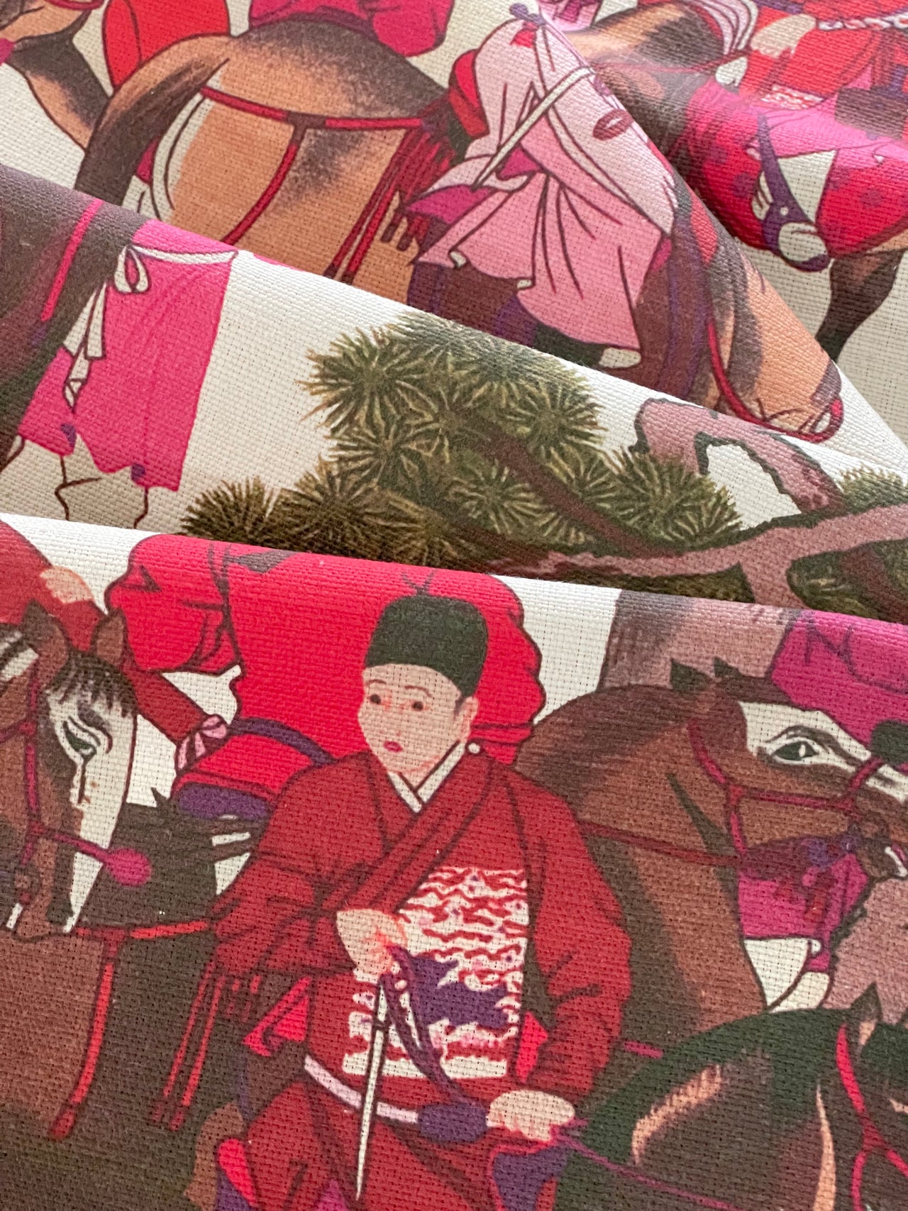 Mongolian Horsemen Cotton Fabric – Oriental Design Featuring Trees, Animals, and Vibrant Red and Pink Outfits for Home Decor and Crafts