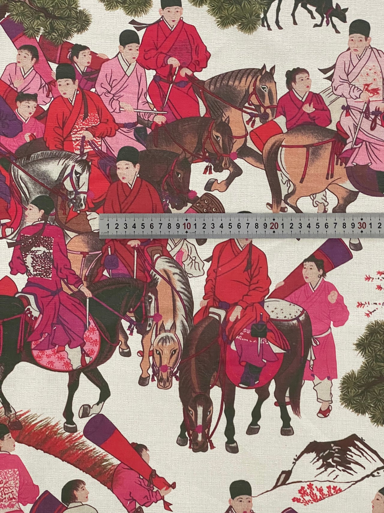 Mongolian Horsemen Cotton Fabric – Oriental Design Featuring Trees, Animals, and Vibrant Red and Pink Outfits for Home Decor and Crafts