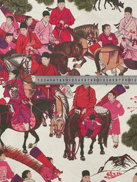 Thumbnail for Mongolian Horsemen Cotton Fabric – Oriental Design Featuring Trees, Animals, and Vibrant Red and Pink Outfits for Home Decor and Crafts