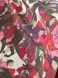 Thumbnail for Mongolian Horsemen Cotton Fabric – Oriental Design Featuring Trees, Animals, and Vibrant Red and Pink Outfits for Home Decor and Crafts