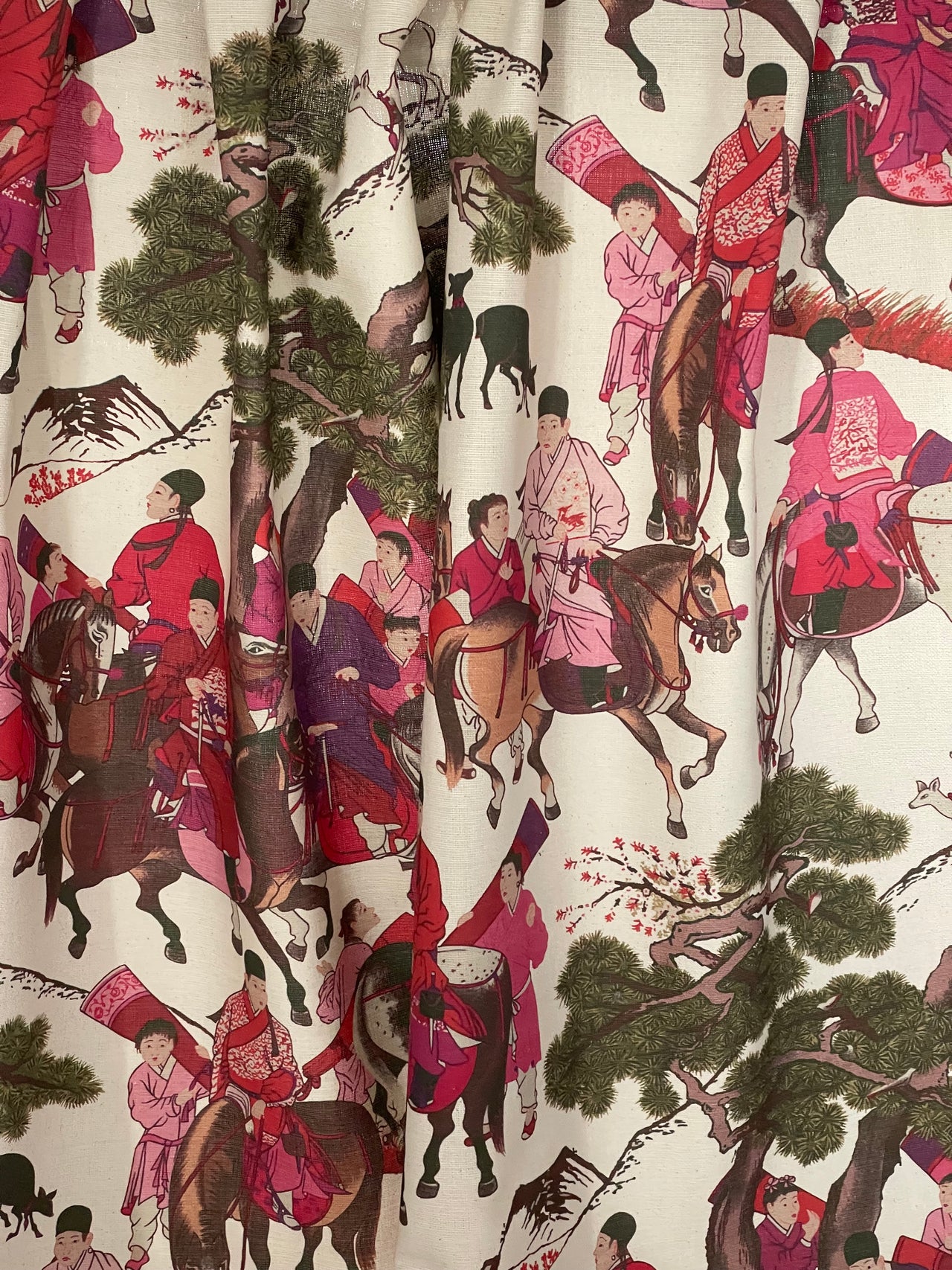 Mongolian Horsemen Cotton Fabric – Oriental Design Featuring Trees, Animals, and Vibrant Red and Pink Outfits for Home Decor and Crafts