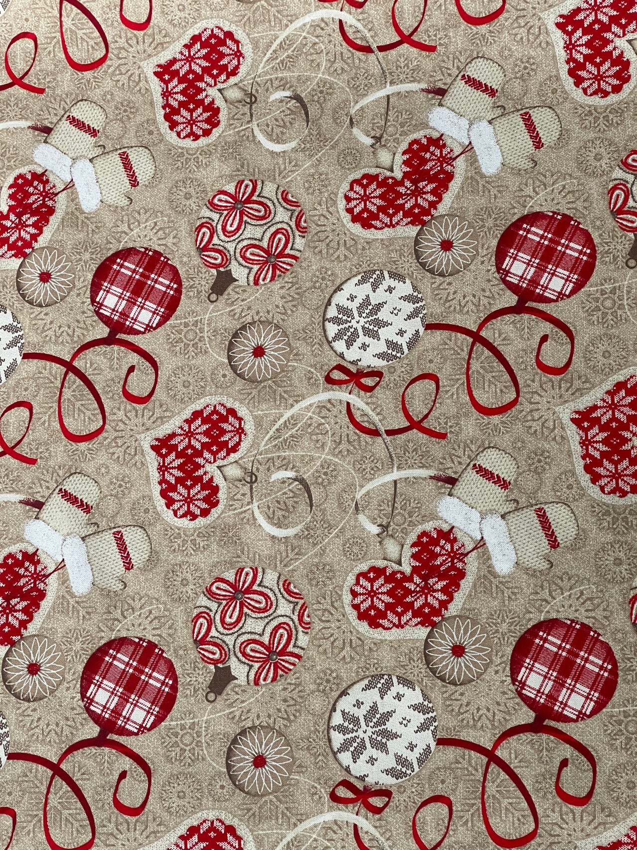 Festive Cotton Fabric for Home Decor Featuring Red Hearts Mittens and Snowflakes