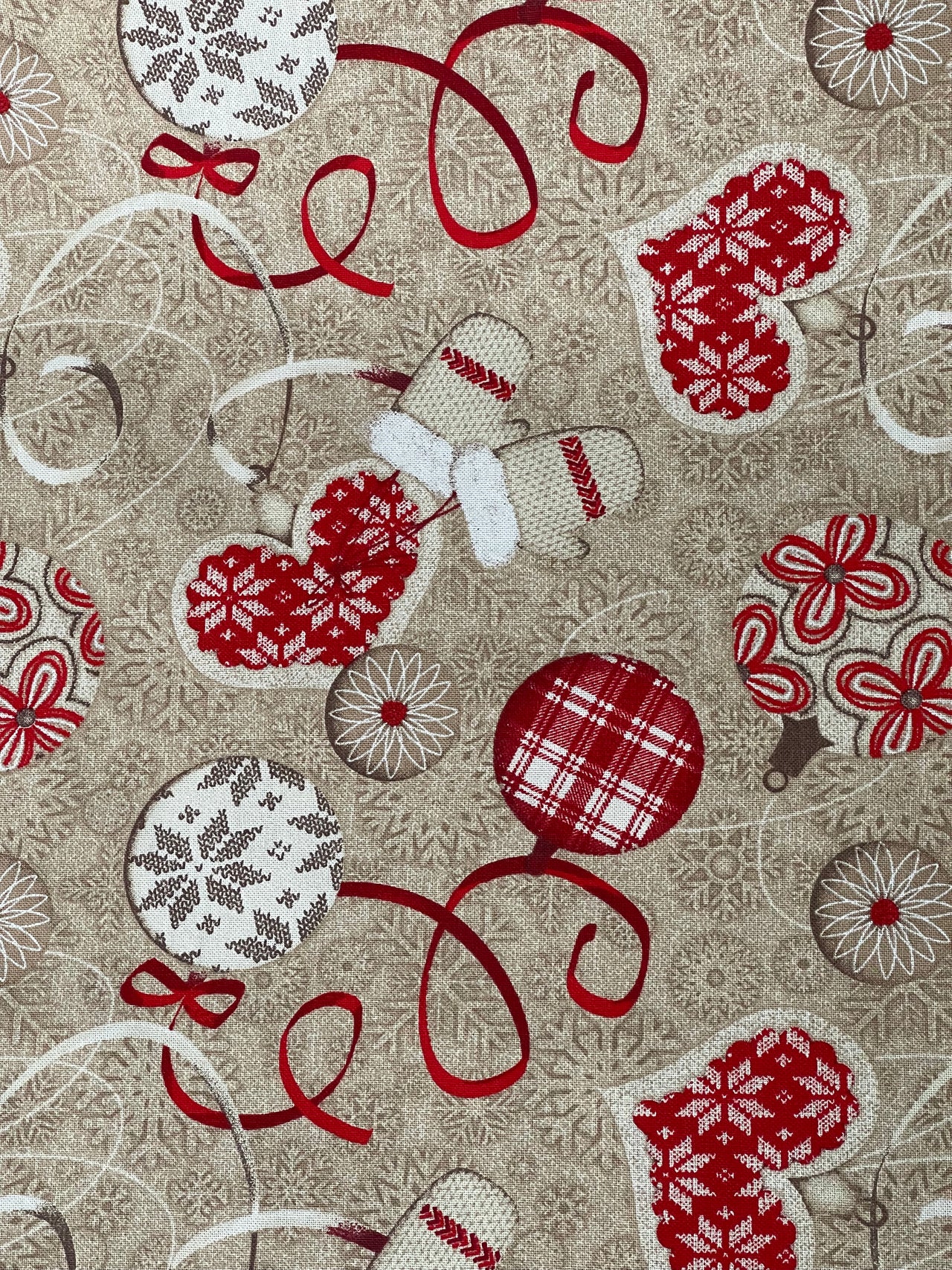 Festive Cotton Fabric for Home Decor Featuring Red Hearts Mittens and Snowflakes