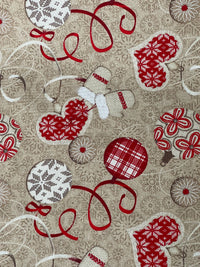 Thumbnail for Festive Cotton Fabric for Home Decor Featuring Red Hearts Mittens and Snowflakes