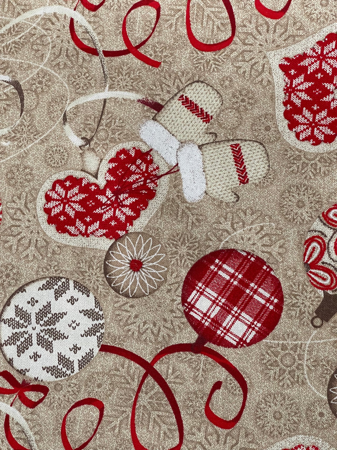 Festive Cotton Fabric for Home Decor Featuring Red Hearts Mittens and Snowflakes