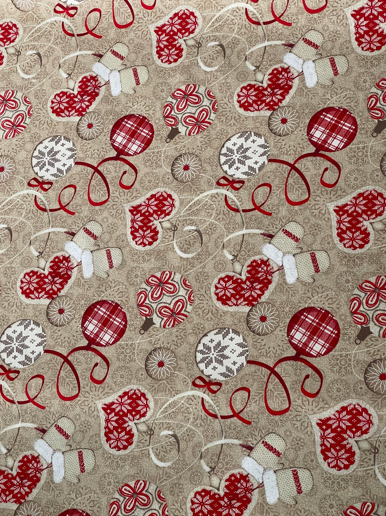 Festive Cotton Fabric for Home Decor Featuring Red Hearts Mittens and Snowflakes