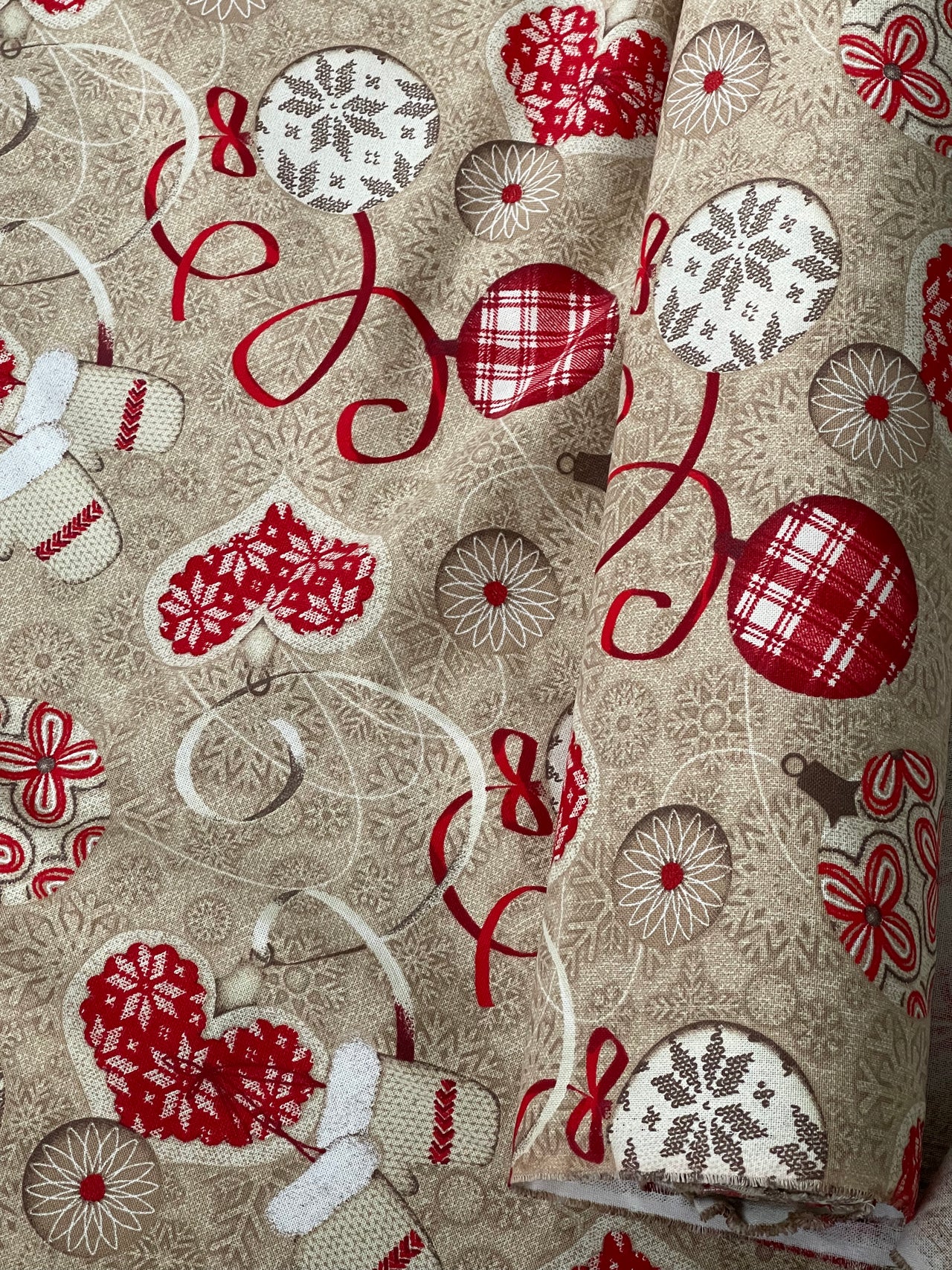 Festive Cotton Fabric for Home Decor Featuring Red Hearts Mittens and Snowflakes