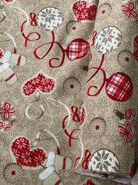 Thumbnail for Festive Cotton Fabric for Home Decor Featuring Red Hearts Mittens and Snowflakes